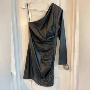 Express faux black leather one shoulder pleated mini sheath dress